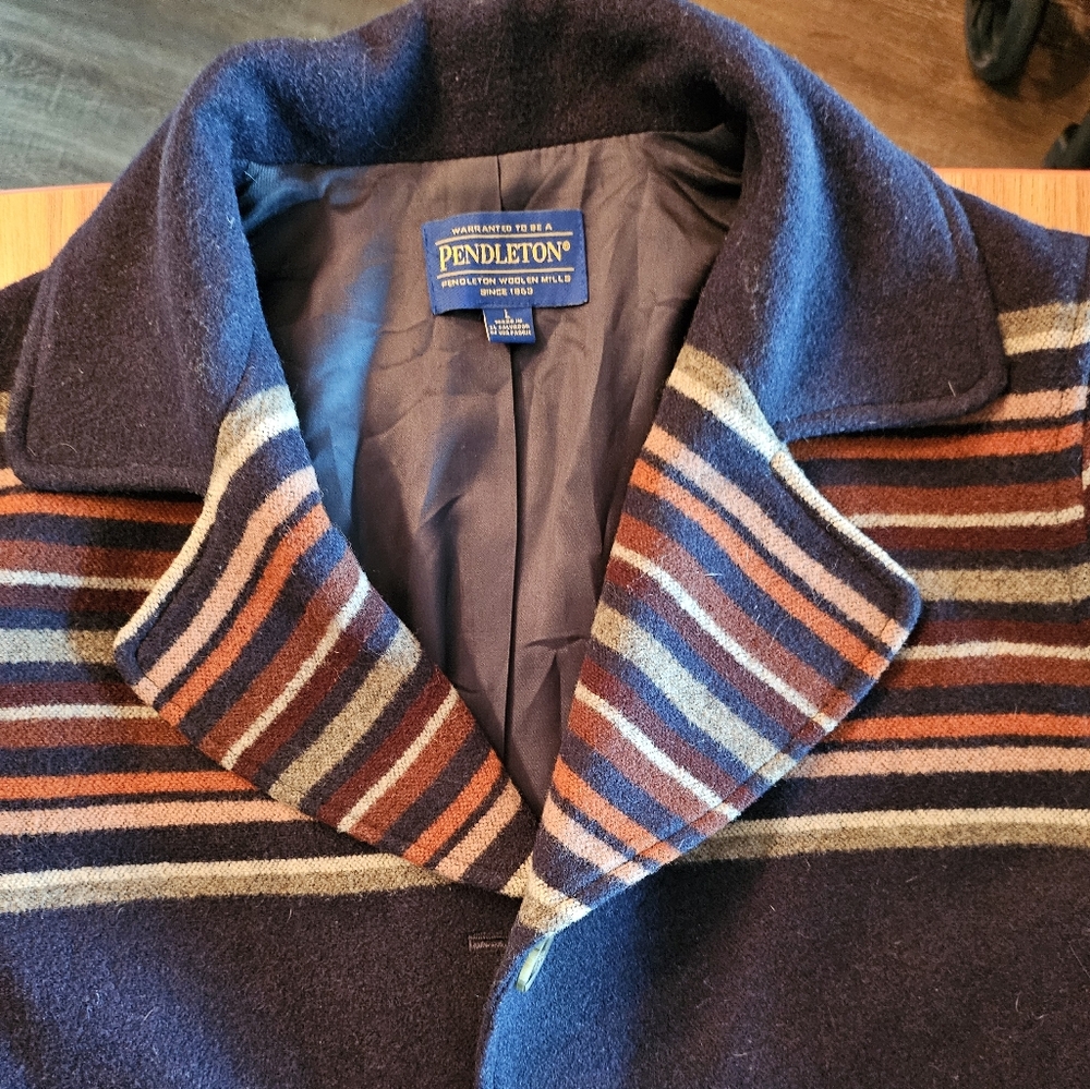 Pendleton Navy and Multicolor Striped Wool Coat